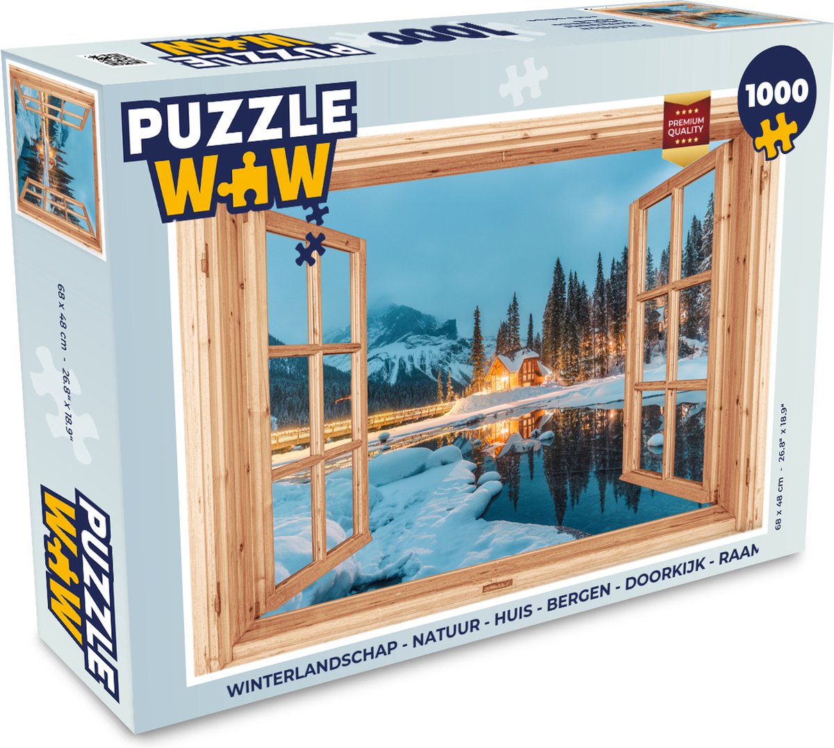 Puzzel Winterlandschap - Natuur - Huis - Bergen - Doorkijk - Raam - Legpuzzel - Puzzel 1000 stukjes volwassenen