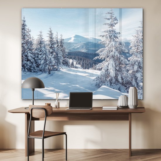 MuchoWow® Peinture sur verre 160x120 cm - Peinture sur verre acrylique - Paysage d'hiver - Nature - Berg - Arbres - Neige - Photo sur verre - Décoration murale salon - Décoration murale chambre - Peintures