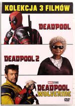 DVD-hoes met drie films: Deadpool, Deadpool 2 met oudere vrouw, en Deadpool & Wolverine met Wolverine en een hond.