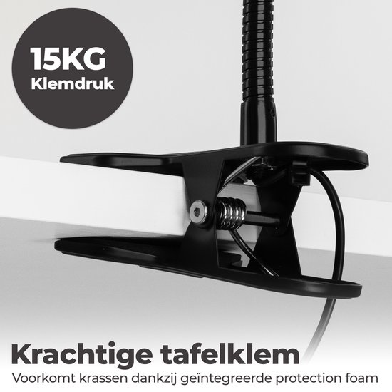 Details van de krachtige tafelklem van de loeplamp met een klemkracht van 15 kg.