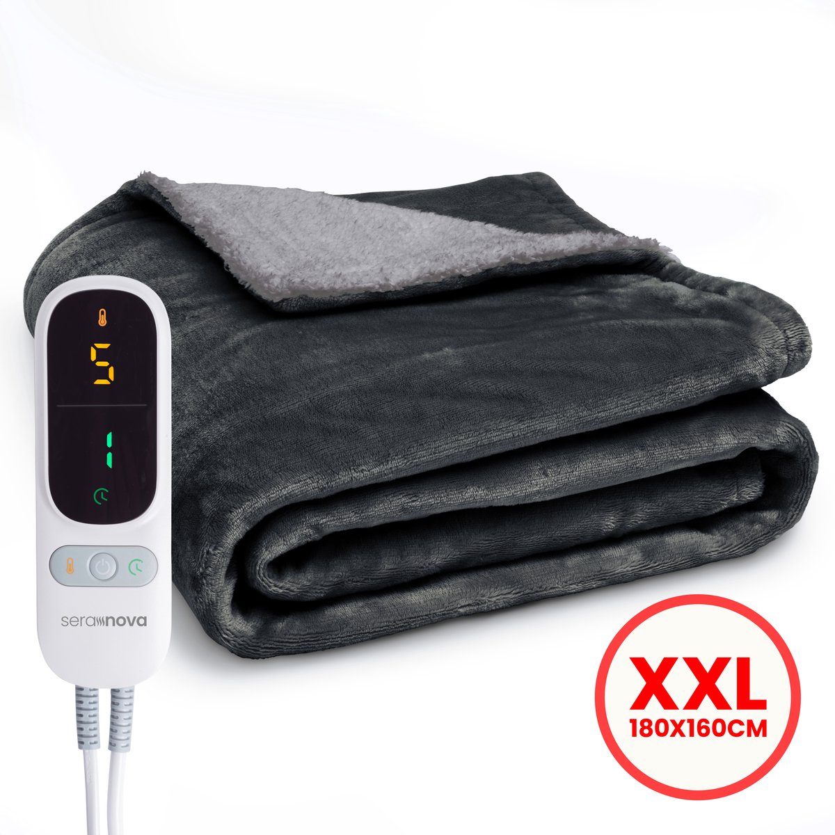 Seranova Elektrische Deken XXL - Extra Warmtedraden - Premium Model - 180x160 cm - 2 persoons Warmtedeken - Dubbelzijdig Fleece Sherpa - Antraciet - Seranova - €74,99