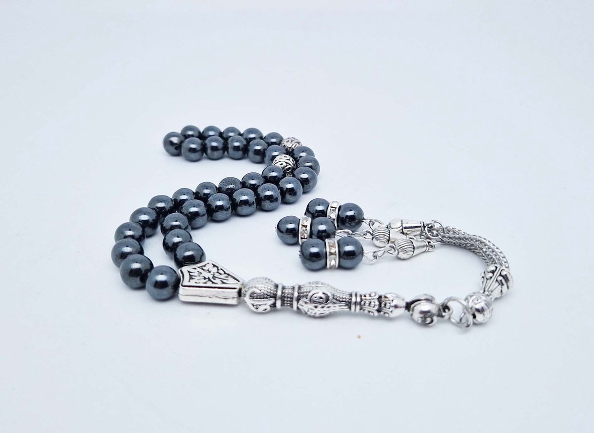 Handgemaakte tesbih "tasbih" natuursteen "Hematiet" - Aantal kralen 33 - Diameter kralen 8 MM - met metaal tassel "model 10" - Een mooi cadeau-idee