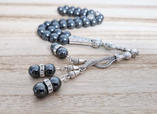 Tesbih "tasbih" fait main en pierre naturelle "Hématite" - Nombre de perles 33 - Perles de diamètre 10 MM - avec pompon en métal "modèle 10" - Une belle idée cadeau