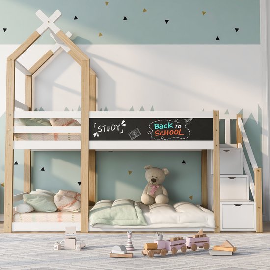 Soweiz Kinderbed met leuning, 140 x 200 cm, stapelbed met opbergtrap en glijbaan, huisbed, geschikt voor kinderen, jongeren, wit