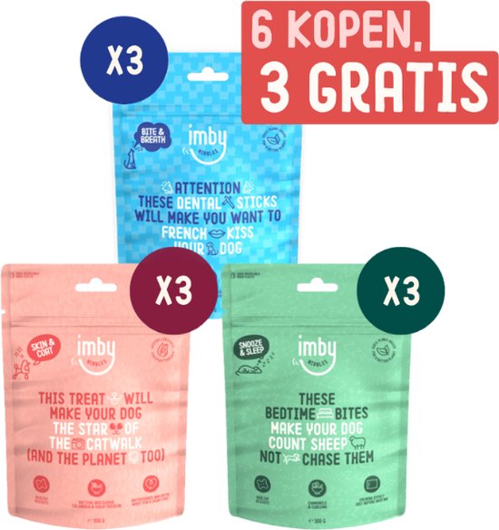 Imby Hondensnacks multipack - 9x 100gr - Skin & Coat, Dental sticks & Bedtime bites - Laag in Caloriën - 100% natuurlijke hondensnoepjes