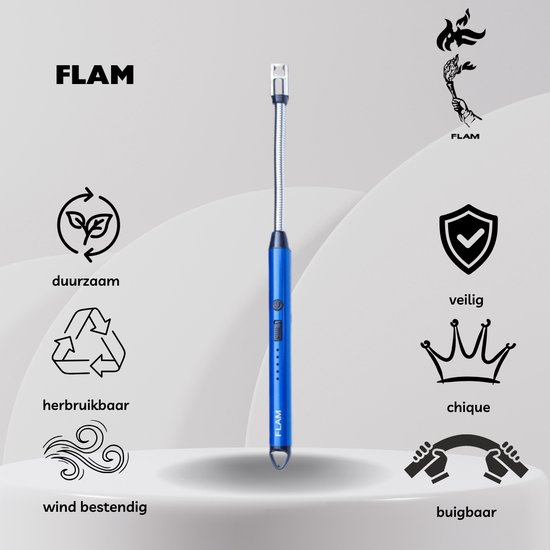 Blauwe elektrische "FLAM" aansteker omringd door iconen die duurzaamheid, herbruikbaarheid, windbestendigheid, veiligheid, stijl en buigzaamheid aangeven.