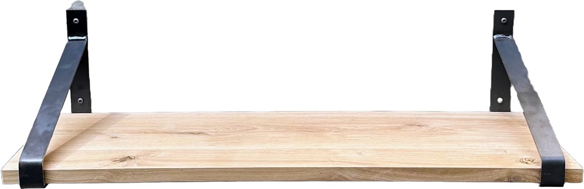 GoudmetHout Wandplank Industrieel - 60 x 35 cm Muurplank - Eiken Hout - Decoratie Wandrek & Boekenrek - Hangplank Keuken - Wall Shelf + 2 Plankdragers van Ruw Staal Licht eiken, Zonder coating