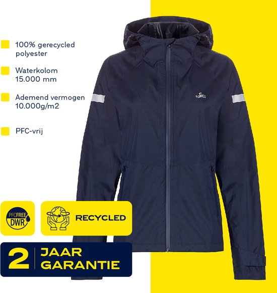 Donkerblauwe NOMAD regenjas voor dames met capuchon en reflecterende details op de mouwen.