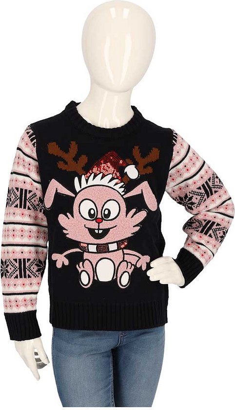 Pull de Noël noir avec un lapin rose portant un bois de renne et un bonnet de Noël. Rayures sur les manches.