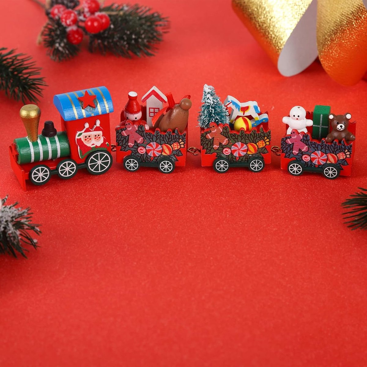 Kersttrein decoratie mini kersttrein van hout hout hout caravan kersttrein -miniatuur rode trein -kerstboom ornamenten voor kerstdecoratie party tafel decoratie kindercadeau Kersttrein decoratie mini kersttrein van hout hout hout caravan kersttrein -miniatuur rode trein -kerstboom ornamenten voor kerstdecoratie party tafel decoratie kindercadeau - Afbeelding 1