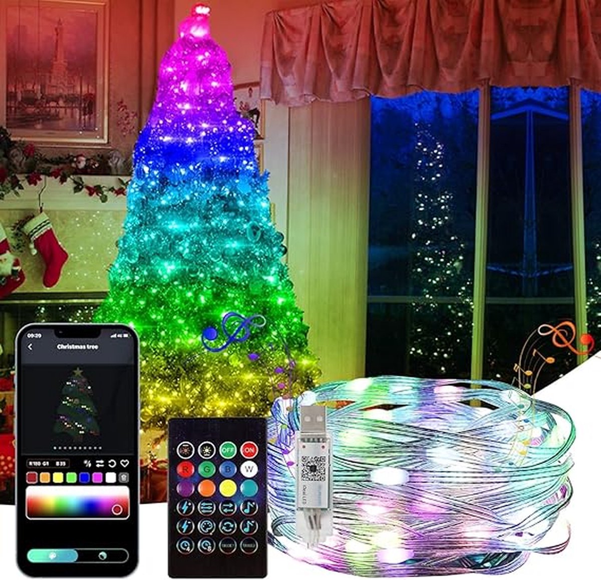 Kerstboom Verlichting 10M – USB String Licht met Bluetooth App en Afstandsbediening