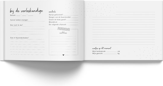 Binnenpagina's van een echoboekje met secties 'bij de verloskundige' en 'notities'.