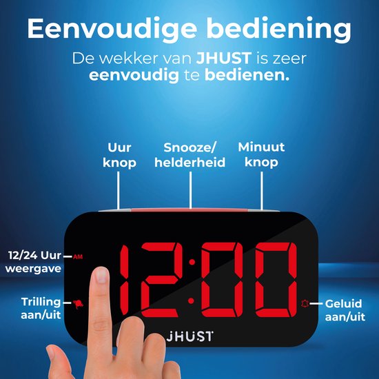 Vinger raakt een digitale wekker aan, die 12:00 toont. Knoppen zijn gelabeld.