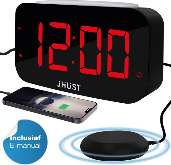 JHust Wekker voor Slechthorenden - Dovenwekker - Wekkerradio voor Doven en Slechthorenden - Trilwekker voor Senioren - Digitale Alarmklok met Trilkussen - Extra Luid met Trtilkussen - Incl. E-guide Slaapoptimalisatie
