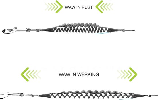 Zwarte schokdemper riem in rust en in werking, met metalen clips.