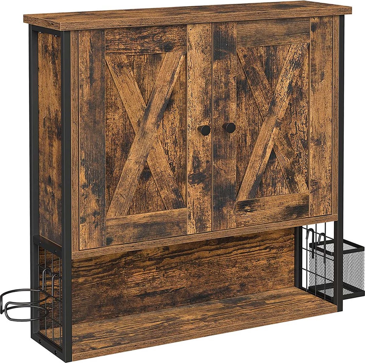Wandkast, badkamerkast, 2 deurkasten met verstelbare plank, haardrogerhouder, mesh borstel