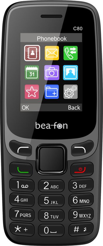 Vooraanzicht van de zwarte bea-fon C80 mobiele telefoon met kleurendisplay en numeriek toetsenbord.