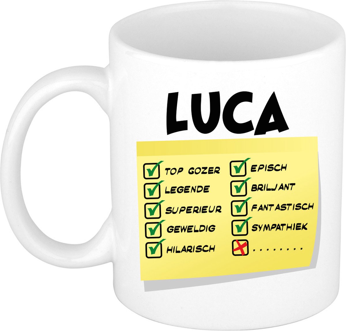 Bellatio Decorations Naam mok Luca - wit - top gozer - keramiek - 300 ml - cadeau collega beker