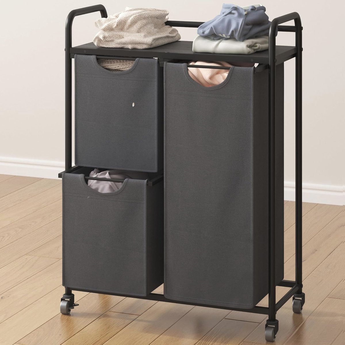 Goedkoopste Wasmand met 3 Vakjes en Stabiele Plank | Praktische Wasverzamelaar voor Badkamer en Waskeuken | 46L per Vakje