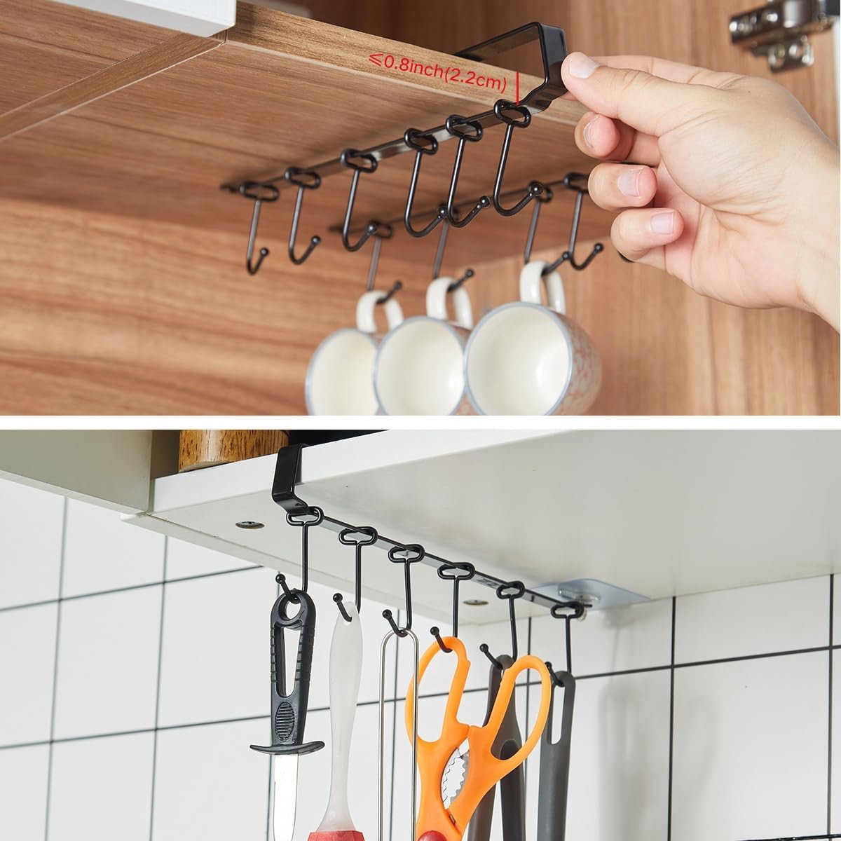 3 stuks bekerhouders. Koffiekopjeshouder om op te hangen onder de kasten. Bekerhouder met 3 haken voor het neerzetten van mokken, koffiekopjes en keukengerei Lijm/boren 2 manieren om te installeren