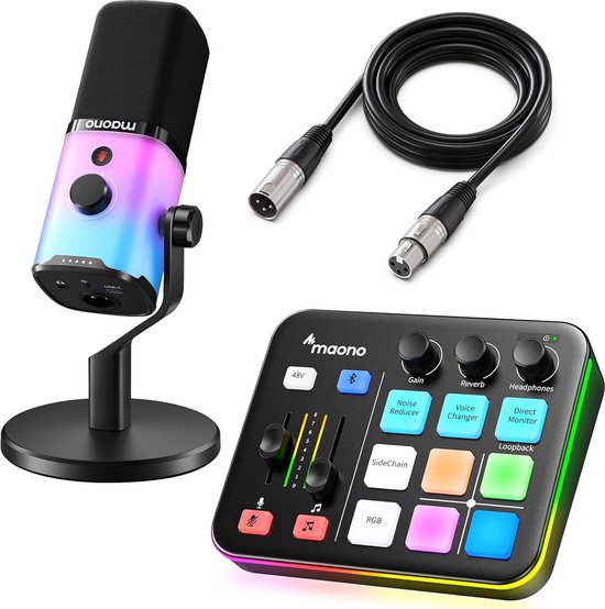 Maono PD100X microfoon met RGB-verlichting, XLR kabel en Maono G1 NEO mixer.