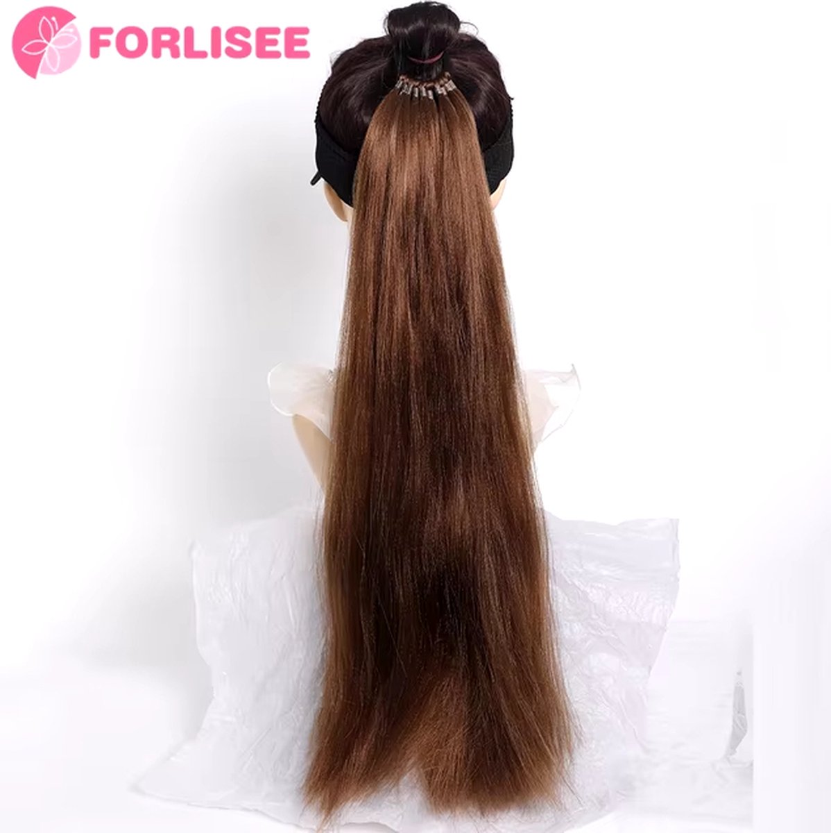 Enluxe 58 cm Donker Bruin Haar - Lange Rechte Ponytail Met Elastische Band - Synthetische Ponytail Extension, Wrap Around, Hittebestendig voor Vrouwen