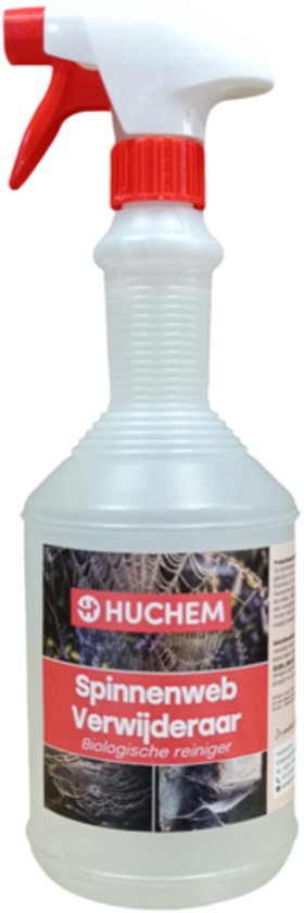 Spuitfles van HUCHEM met een witte fles, rode dop en rode spuitkop. Het label toont spinnenwebben.