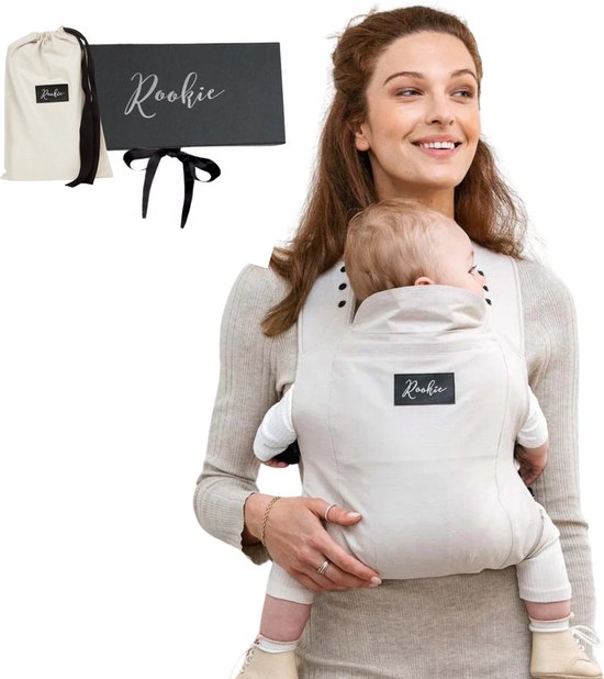 ROOKIE Baby Premium draagzak - Design buikdrager - Comfortabel en ergonomisch - Babydrager vanaf Geboorte - Ook voor Peuter - Biologisch katoen - Super zacht - Unisex: voor mama en papa (Beige)