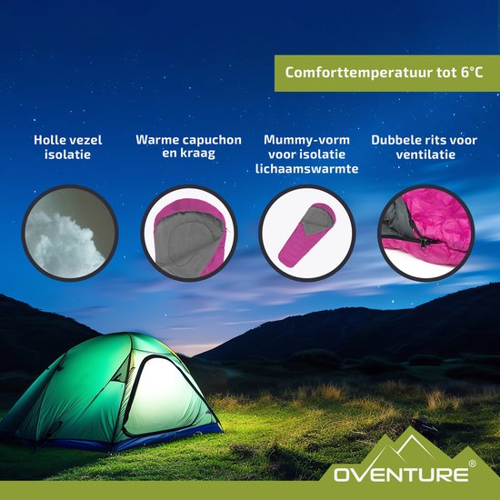 Oventure SleepPlus slaapzak - 230 x 80 cm - Mummy slaapzak - 3-seizoenen - Comfortabel tot 6 °C - Voor kamperen, backpacken en festivals - Lichtgewicht en compact - Slaapzak met capuchon - Inclusief draagtas - Roze van Oventure — afbeelding 2