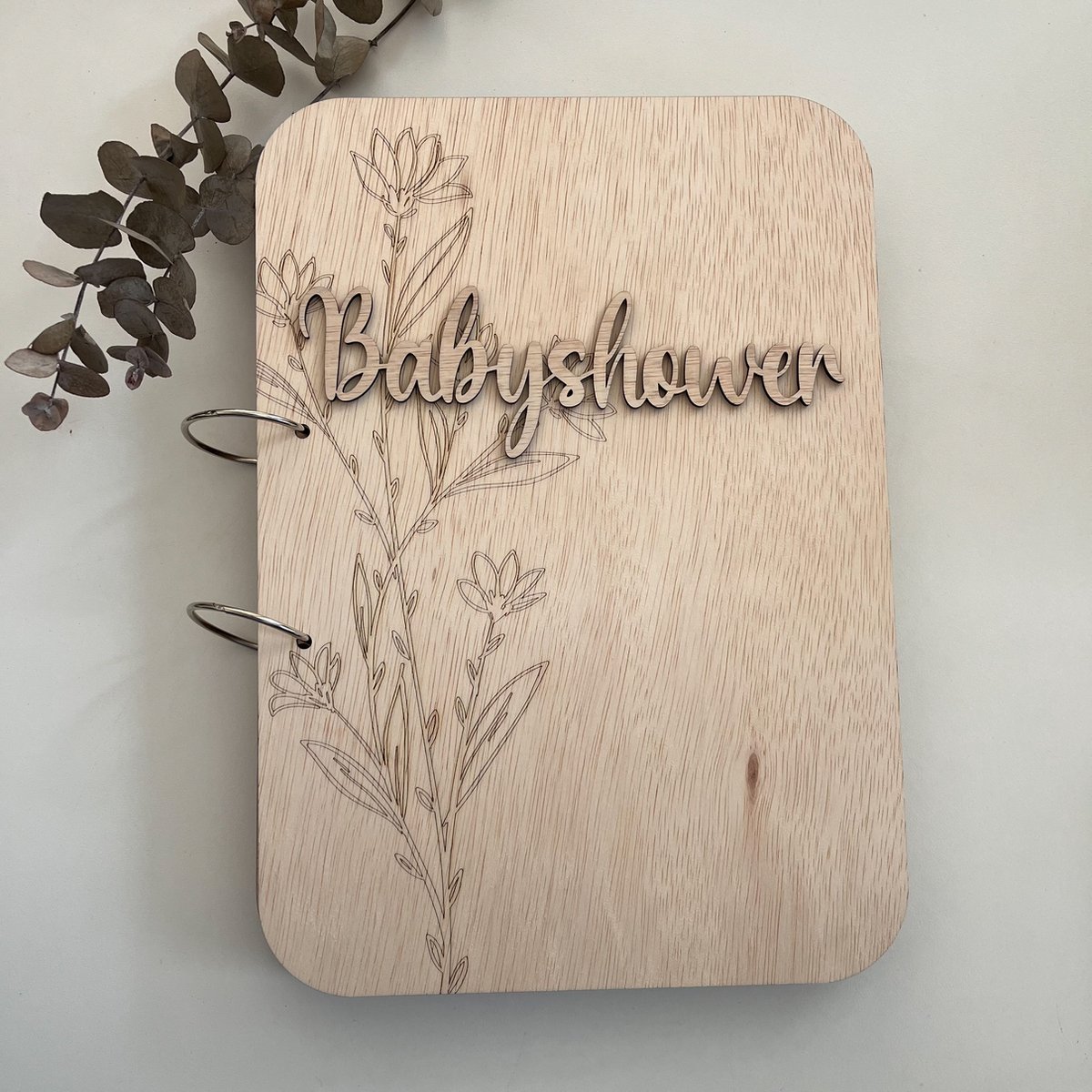 Goedkoopste Houten bewaarbundel - Babyshower bundel met bloem - Kaarten bewaarboek - Herinneringenmap - Herinneringen - Map - Kraamcadeau - Bewaarboek - Memories - Gepersonaliseerd - Gegraveerd