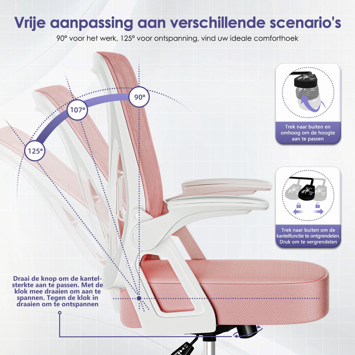 Hiaonyx Ergonomische Bureaustoel met Lendensteun - Roze - afbeelding 3