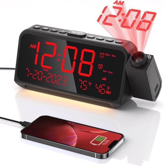Projectiewekker Met 180° Draaibare Projector - Digitale Klok, Thermometer, Hygrometer En Nachtlamp