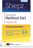 Verpakking Shiepz Nachtrust 3 in 1 Liquid Cap, hooggedoseerd. Met 'Nieuw' logo en 30 vegan liquid caps.