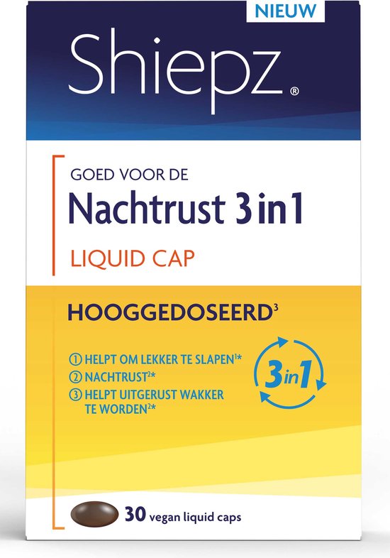 Verpakking Shiepz Nachtrust 3 in 1 Liquid Cap, hooggedoseerd. Met 'Nieuw' logo en 30 vegan liquid caps.