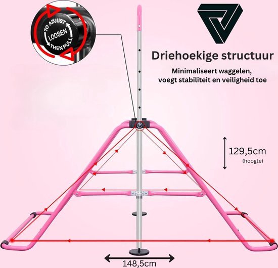 Rekstok voor Kinderen - Duikelrek voor Thuis - Turnen - Gymnastiek - Opvouwbaar - Binnen en Buiten - In Hoogte Verstelbaar - Jongens en meisjes - Roze