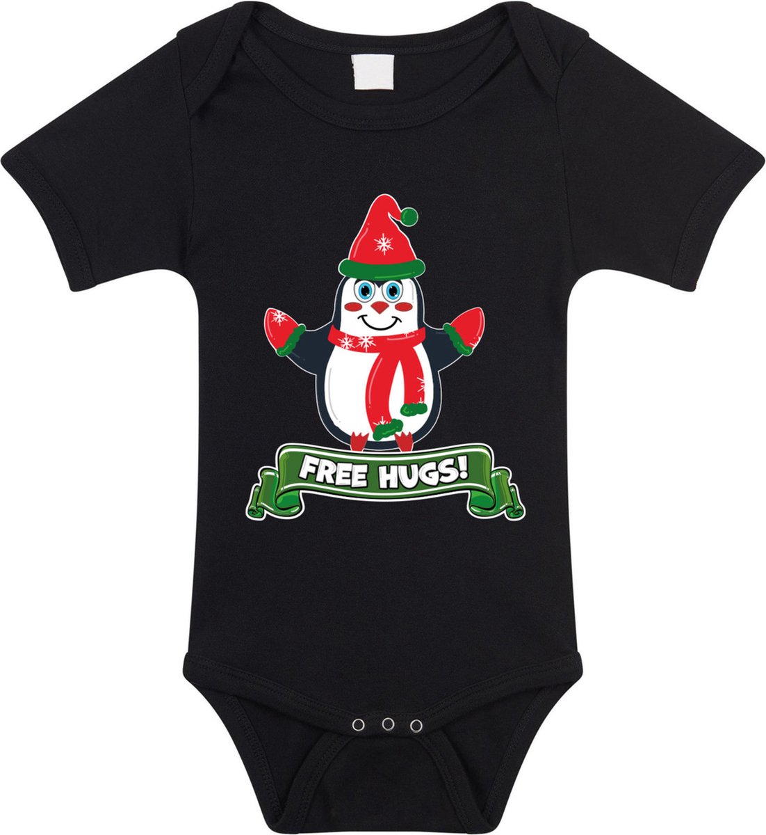 Bellatio Decorations Kerst baby rompertje - zwart - pinguin - free hugs - Kerst cadeau 92