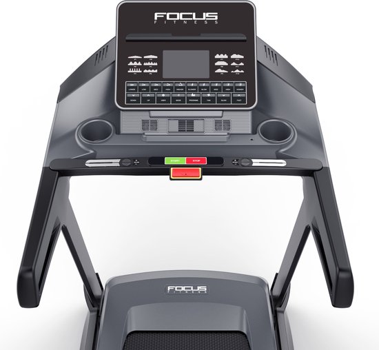 Close-up van het display en de bedieningselementen van de Focus Fitness Jet 9 iPlus loopband.