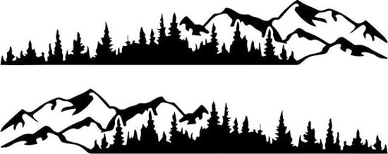 Silhouettes noires de montagnes et d'arbres.