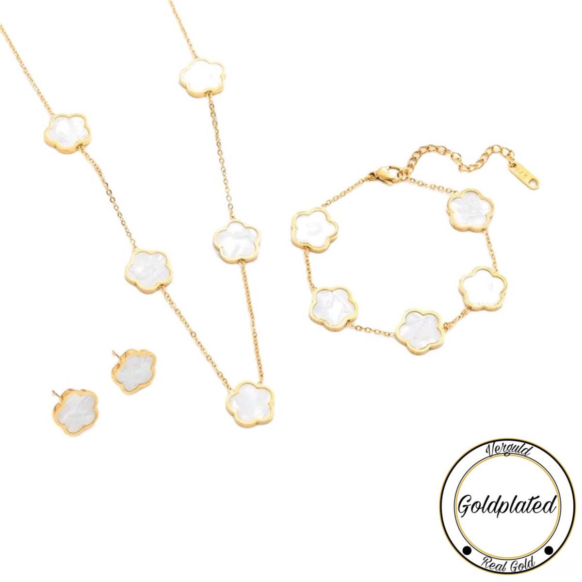 Soraro Klaver Ketting,Armband&Oorbel Set | Goldplated | Wit | Armband | Klavertje 5 | Geluk | Ketting | Oorbel | Dames Cadeau