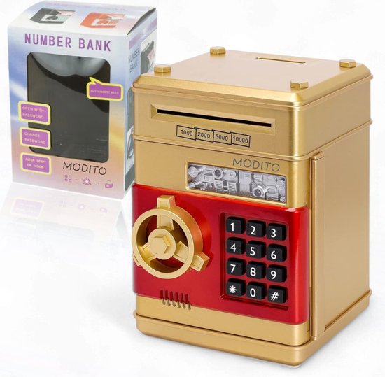 Gouden spaarkluis met rood keypad en een doos 'NUMBER BANK' ernaast.
