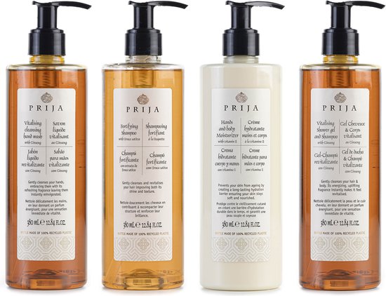 PRIJA Cosmetische set: Shampoo, douchegel, vloeibare zeep, hydraterende crème 4x380ml