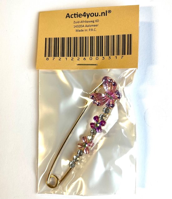 Gouden veiligheidsspeld met vlinder en bloemetjes in verpakking, versierd met paarse en heldere strass steentjes.