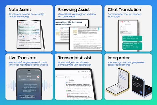 Aperçu des fonctionnalités Galaxy AI : Note Assist, Browsing Assist, Chat Translation, Live Translate, Transcript Assist, Interpreter.