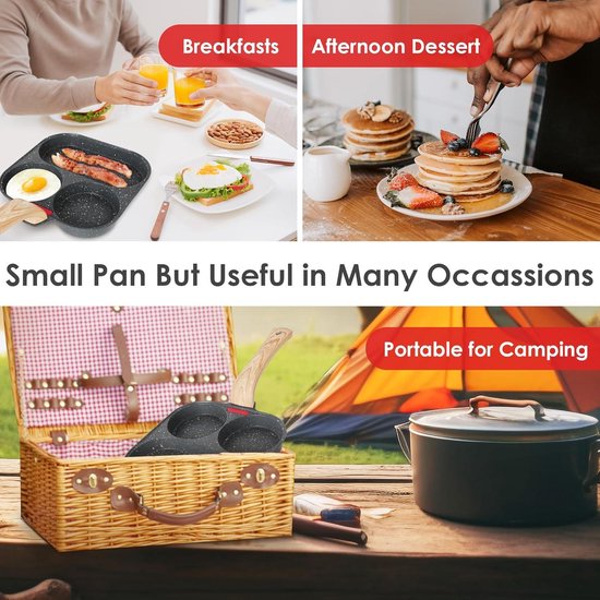 Grijze pan met antiaanbaklaag, ideaal voor ontbijt of kamperen.