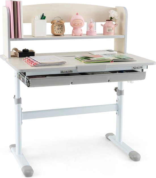 COSTWAY Kinderbureau, in hoogte verstelbaar, bureau voor scholieren met lamp, kantelbaar kindermeubel, kindertafel met stoel, bureau met lade, kleurkeuze (lichtroze