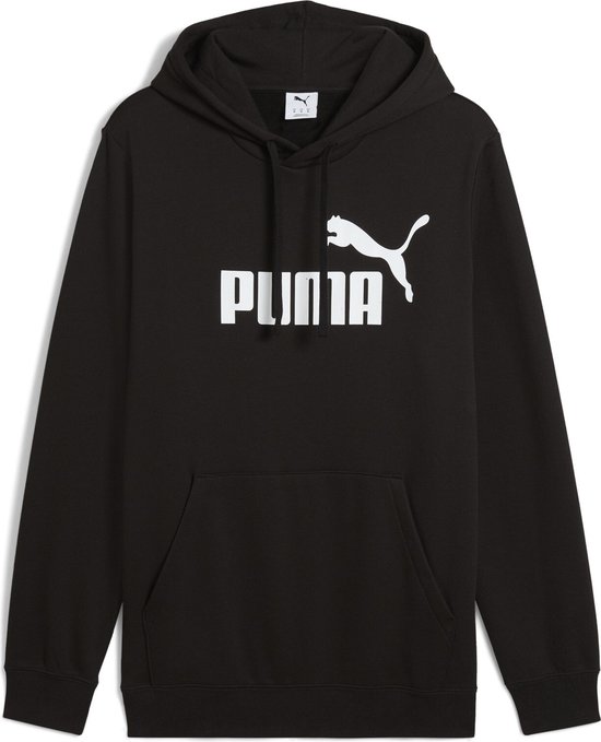 Zwarte PUMA hoodie met wit PUMA logo op de borst en een kangoeroezak.