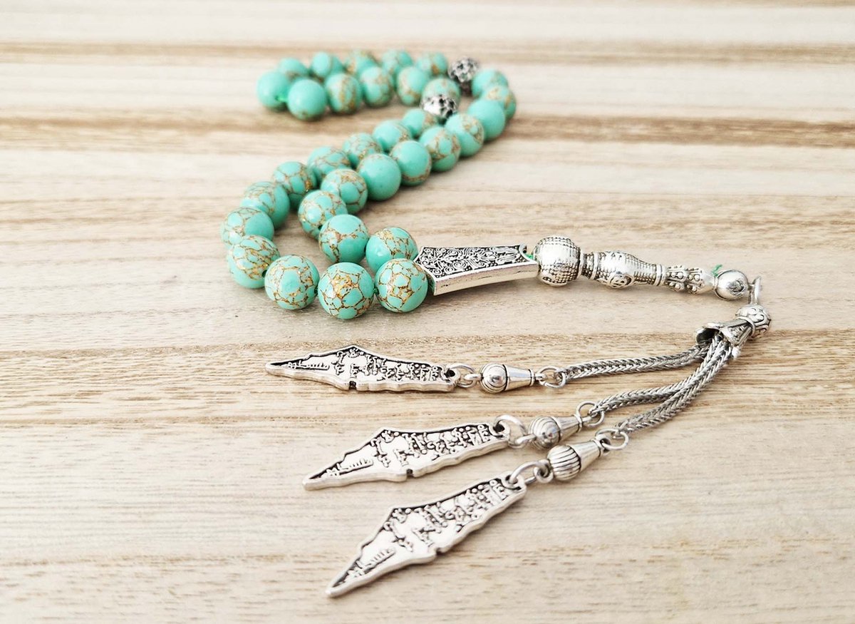 Handgemaakte tesbih "tasbih" natuursteen "Groen howliet gesponnen goud" - Aantal kralen 33 - Diameter kralen 10 MM - met metaal tassel "model 9" - Een mooi cadeau-idee