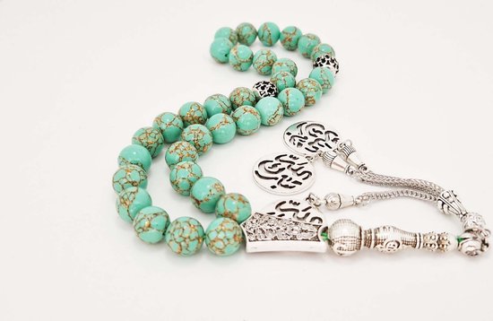 Tesbih "tasbih" fait main en pierre naturelle "Howlite verte filée or" - Nombre de perles 33 - Diamètre perles 10 MM - avec pompon en métal "modèle 10" - Une belle idée cadeau