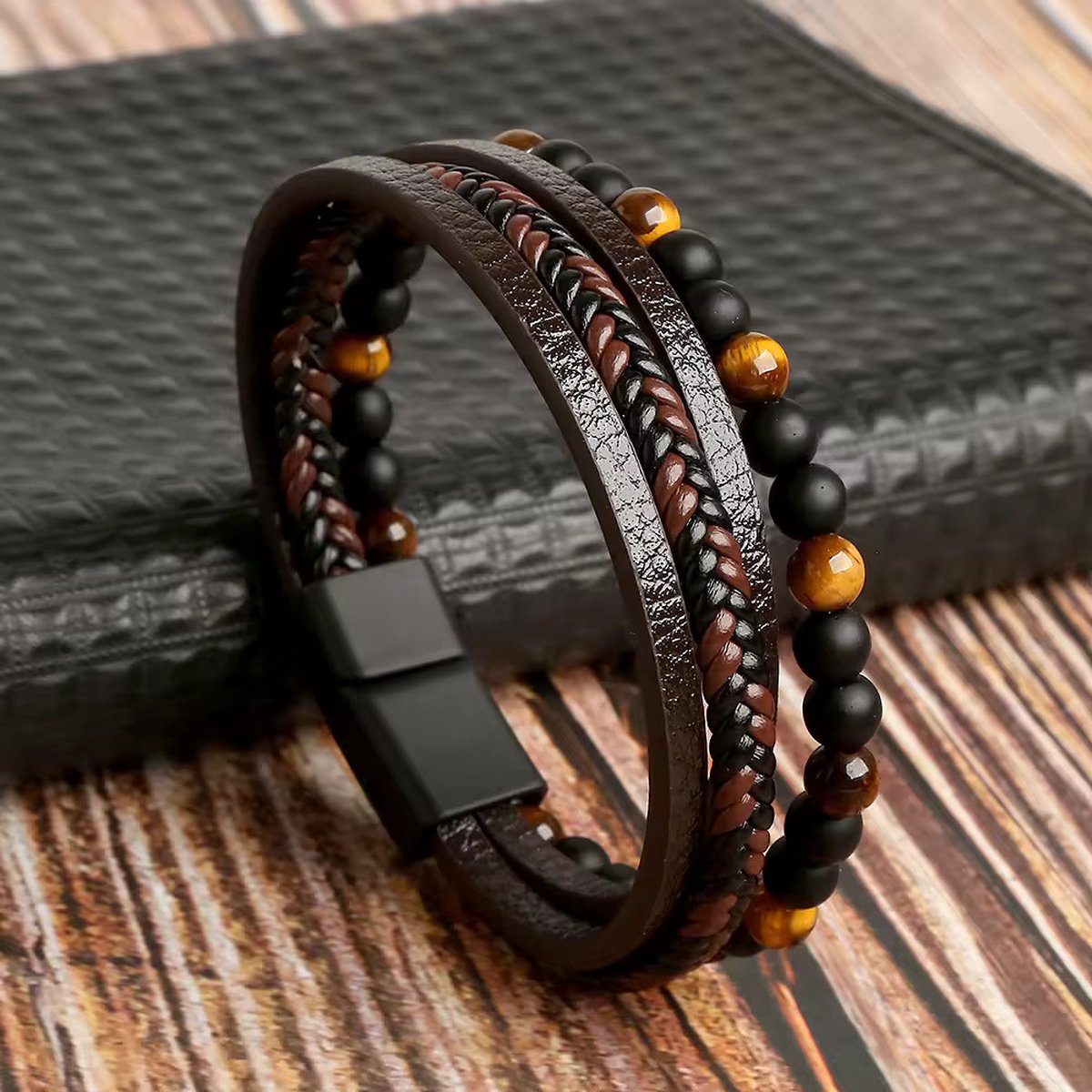 KHRONOX® Armband, Armband Heren, 21 cm, BRUIN, Natuurstenen, Armbanden, Leren Armband Heren, Leren Armband, Leren Armbanden, Armbandje, Kunstleer, Mannen, Magnetische Sluiting, + 2 CM Verlengstuk, Verjaardag, Vaderdag, Valentijnsdag, Cadeautje