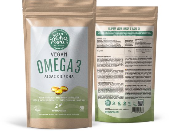 Voorkant en achterkant van de Ekopura Vegan Omega 3 Algenolie verpakking, met voedingsinformatie en de tekst 'Vegan Registered'.